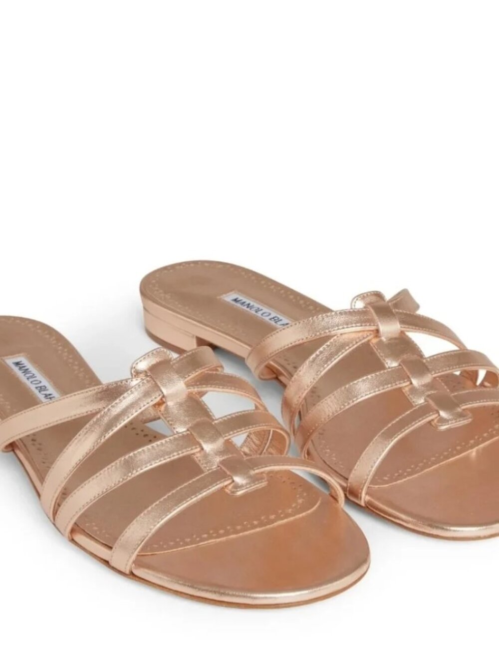 Womens Manolo Blahnik Riran Rose Gold Leather Flat Strappy Sandals 37.5 US/7.5